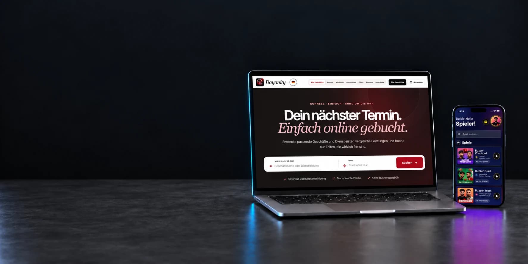 Product visualization of the Dayanity appointment booking platform and BuzzerChamp on a laptop and smartphone