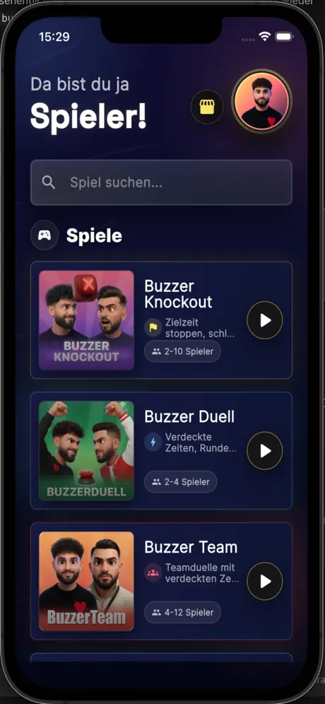 BuzzerChamp app: game selection with Buzzer Knockout, Buzzer Duell and Buzzer Team